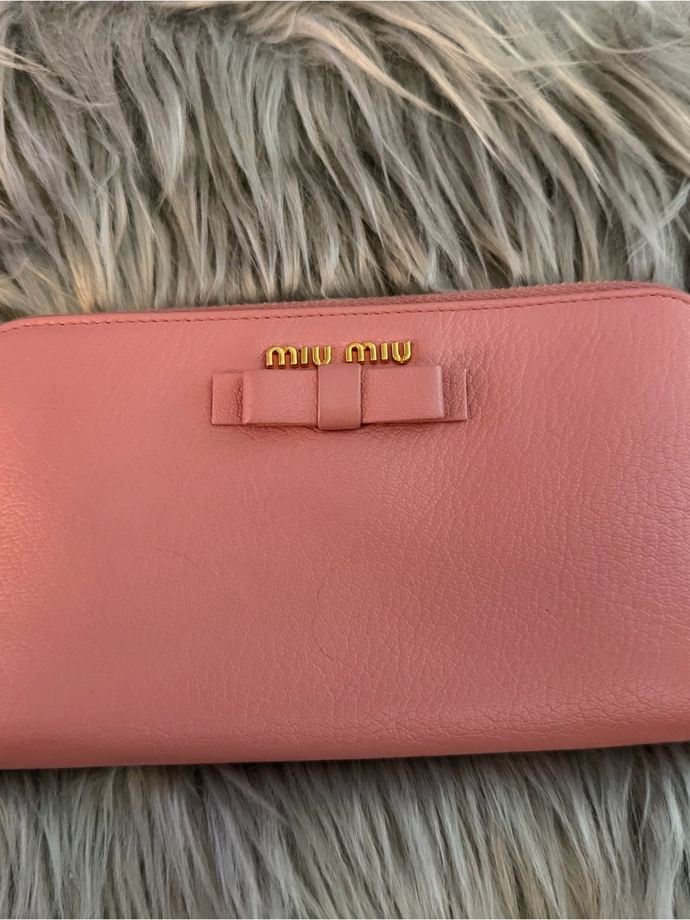 Miu Miu Coral Pink Leather Zip-Around Wallet with Signature Bow